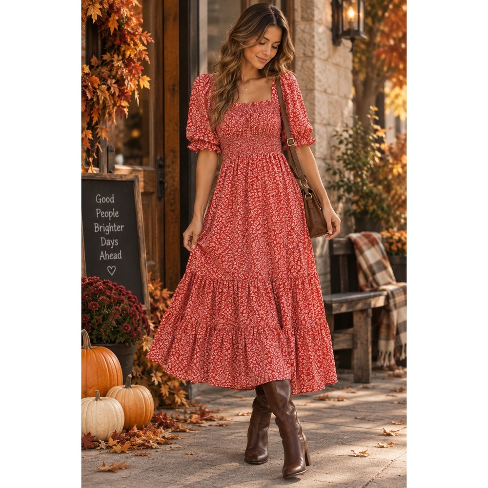 Hayden Los Angeles Red Floral Smocked Midi Dress Puff Sleeve Tiered Large NWT